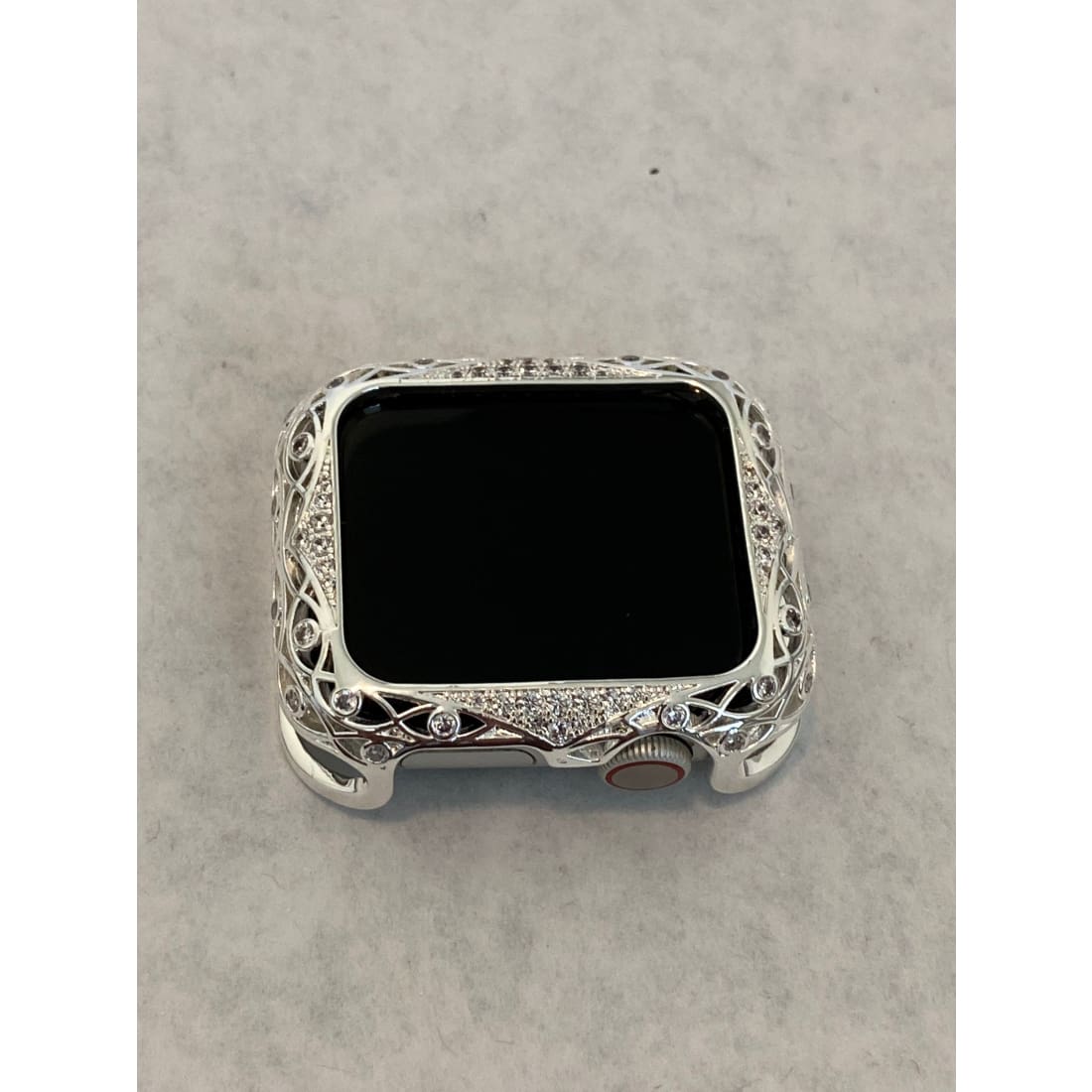 Apple Watch Bezel Cover Silver Lace Design Metal Case with Inset Rhinestones 38 40 42 44mm Series 6 Custom Handmade