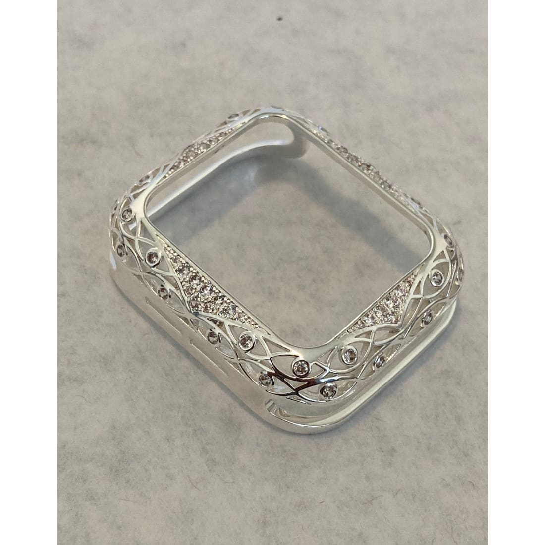 Apple Watch Bezel Cover Silver Lace Design Metal Case with Inset Rhinestones 38 40 42 44mm Series 6 Custom Handmade