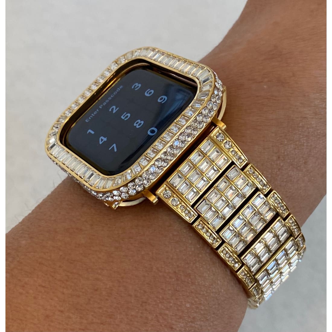 Bling Apple Watch Band 38mm 40mm 42mm 44mm Gold Rolex Style & or Lab Diamond Bezel Cover Gift for Him Series 6 ipad iphone gb1