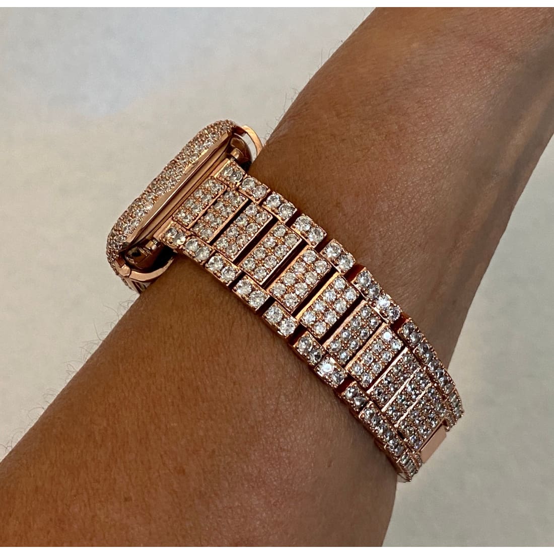 Bling Apple Watch Band Women 38 40 41 42 44 45mm and or Rose Gold Lab Diamond Bezel Cover Smartwatch Bling