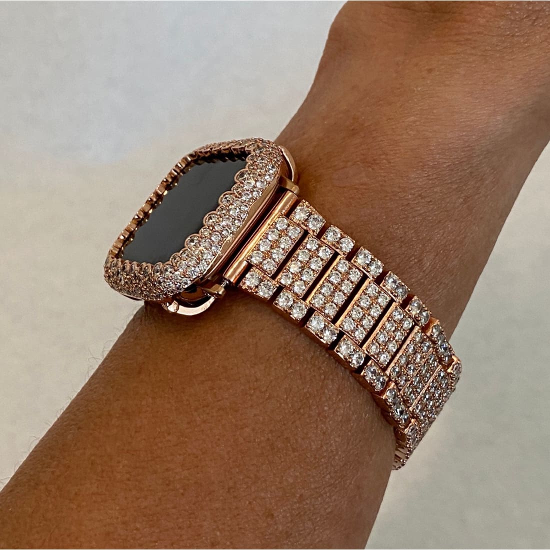 Bling Apple Watch Band Women 38 40 41 42 44 45mm and or Rose Gold Lab Diamond Bezel Cover Smartwatch Bling