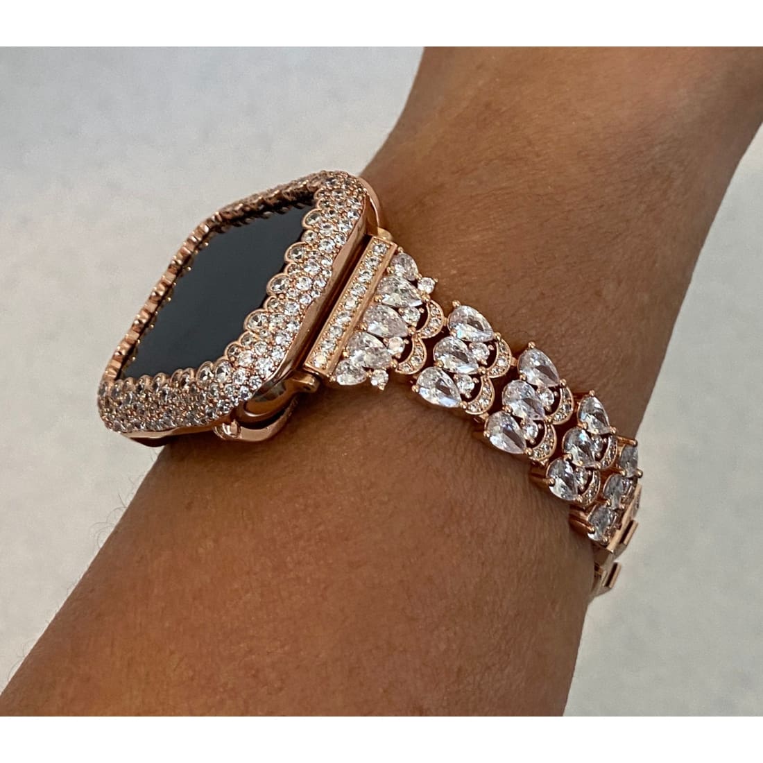 Boho Bride Apple Watch 8 Band 41mm 45mm Rose Gold Swarovski Crystals & or Lab Diamond Bezel Cover Smartwatch Bumper 38-44mm