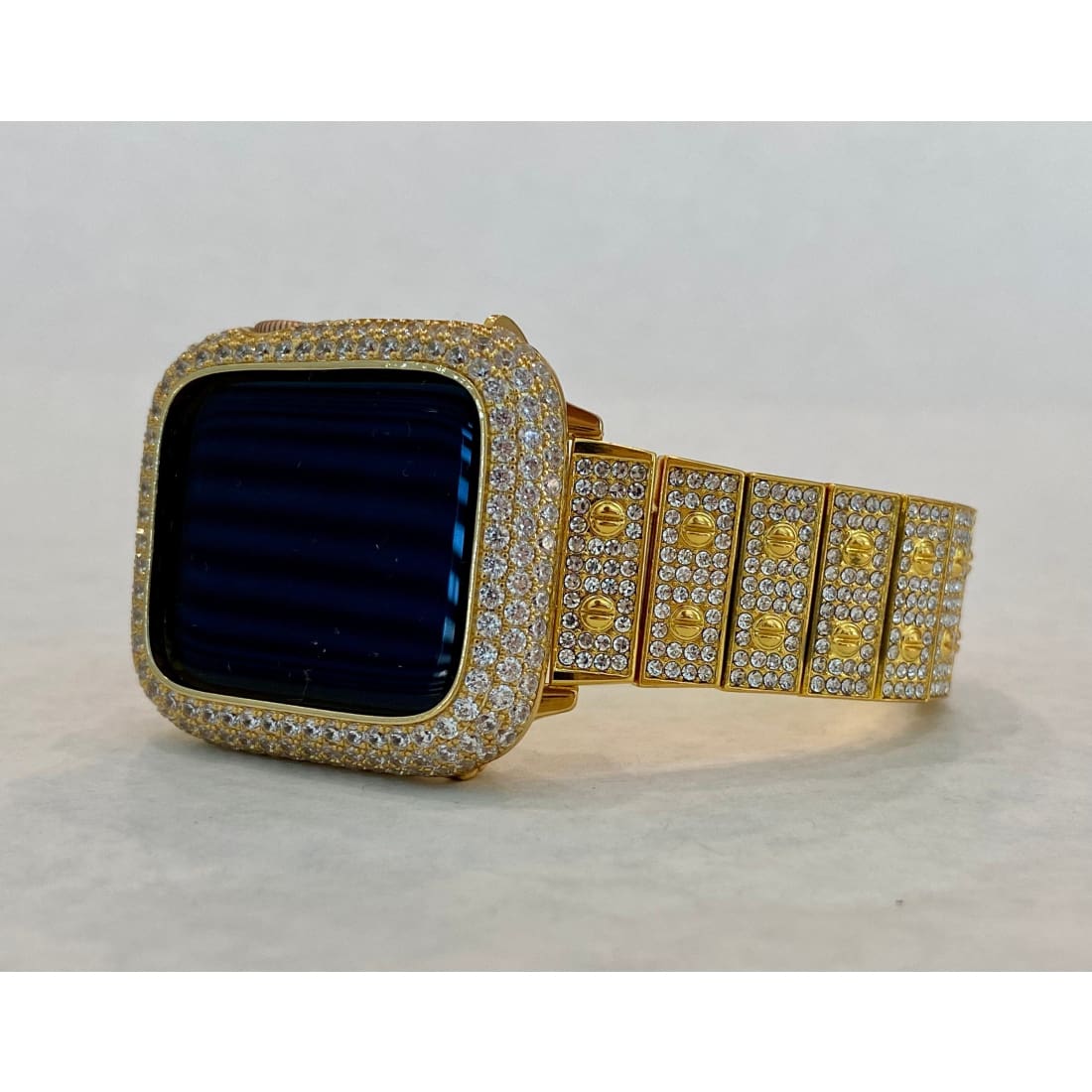 Gold Apple Watch Band Series 1-8 SE Swarovski Crystal 38mm 40mm 41mm 42mm 44mm 45mm & or Pave Lab Diamond Bezel Cover Bling for Smartwatch
