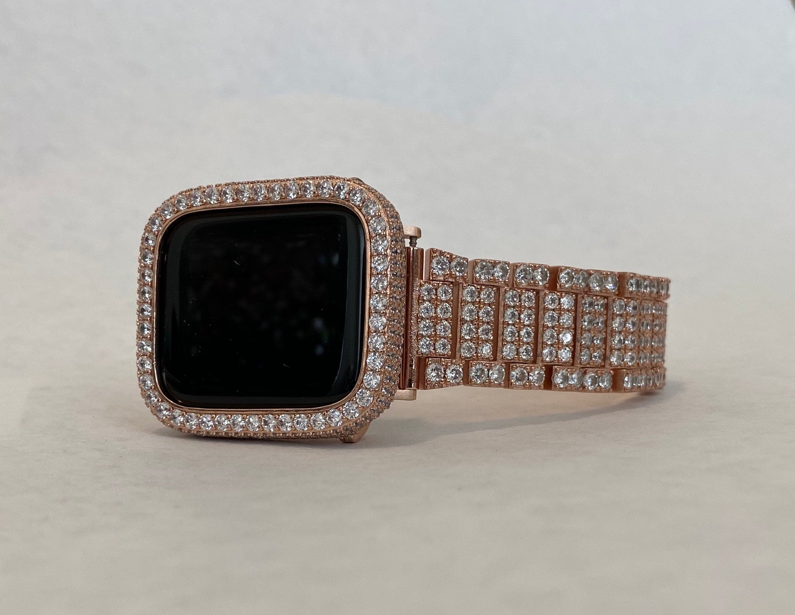 41mm 45mm Bling Apple Watch Band Rose Gold 38mm 40mm 42mm 44mm and or Lab Diamond Bezel Cover Series 1,2,3,4,5,6,7 SE Handmade