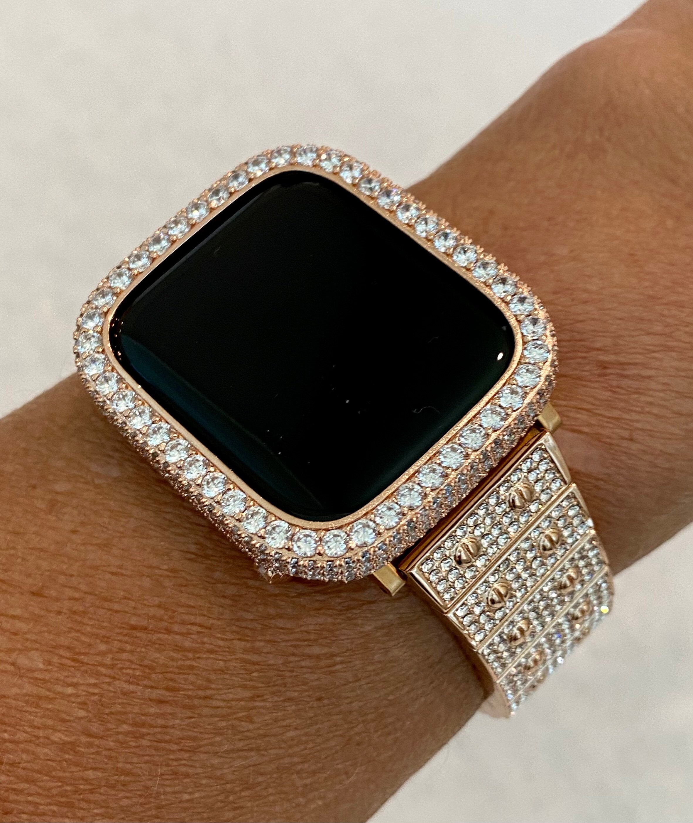 Rose Gold Apple Watch Band 41mm 45mm Swarovski Crystals & or Series 7 Lab Diamond Bezel Cover Case 38mm-44mm for Smartwatch
