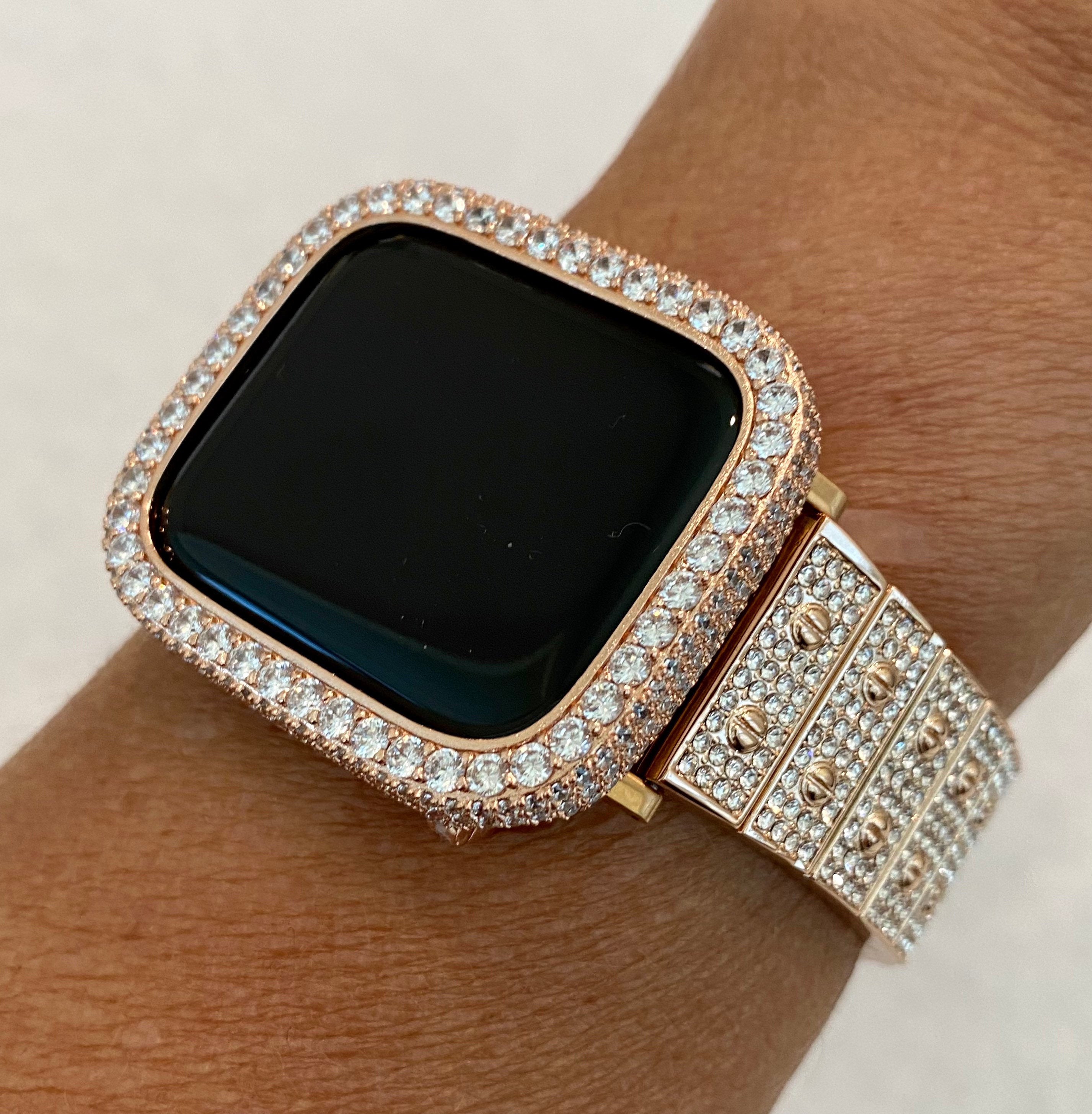 Rose Gold Apple Watch Band 41mm 45mm Swarovski Crystals & or Series 7 Lab Diamond Bezel Cover Case 38mm-44mm for Smartwatch