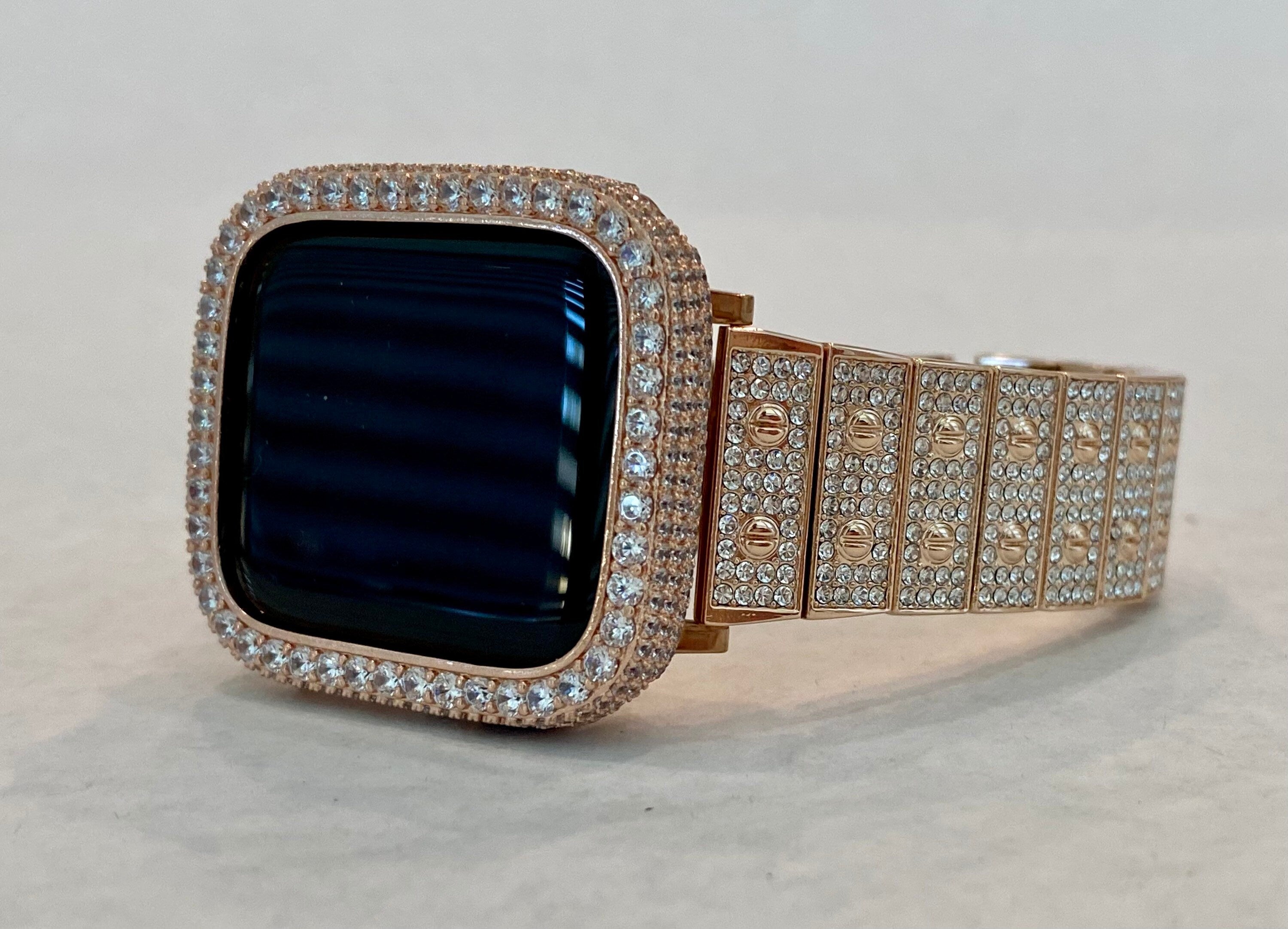 Rose Gold Apple Watch Band 41mm 45mm Swarovski Crystals & or Series 7 Lab Diamond Bezel Cover Case 38mm-44mm for Smartwatch