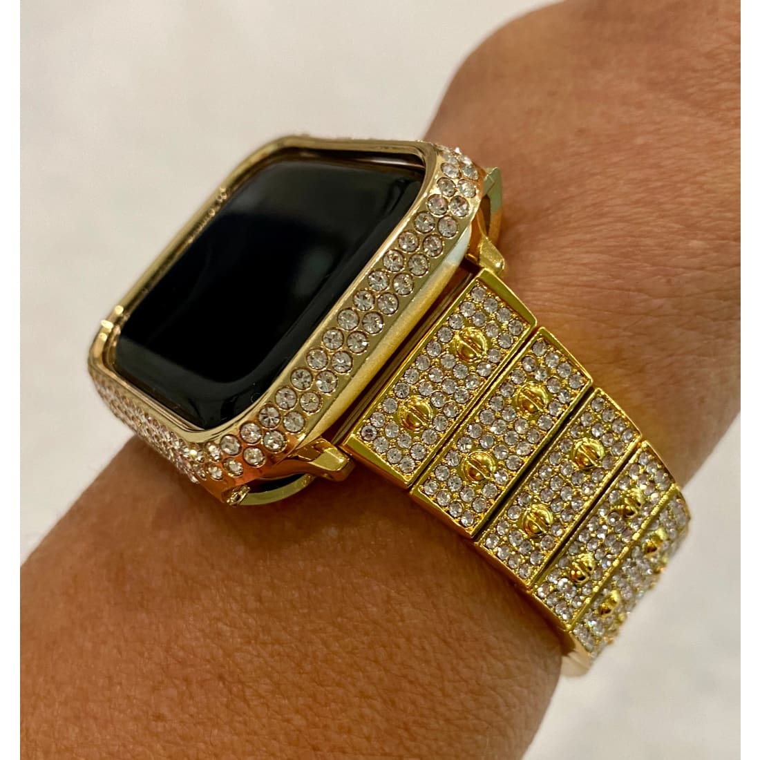 New Series 8 Apple Watch Band 41mm 45mm Gold Swarovski Crystals & or Apple Watch Case Cover Stainless Steel Smartwatch Bumper Bling