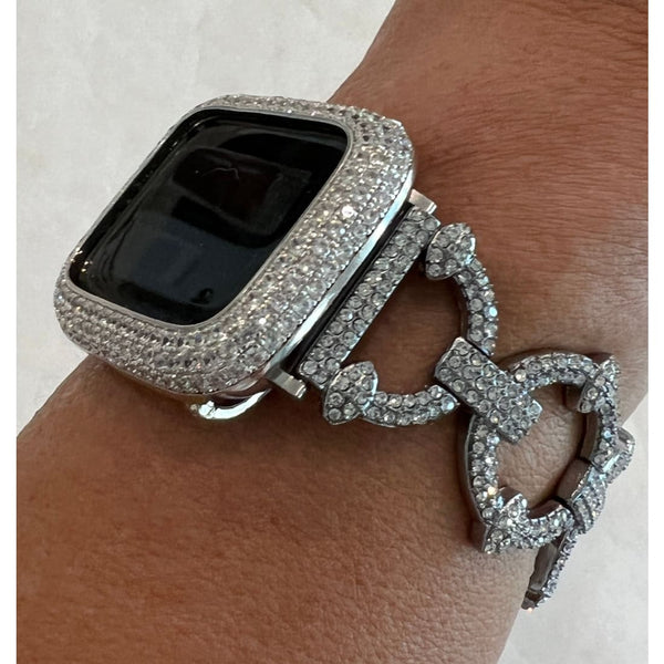 Pave Apple Watch Band 38 40 41 42 44 45mm Silver Swarovski Crystals & or Lab Diamond Bezel Cover Smartwatch Case Bling Series 1-8 SE