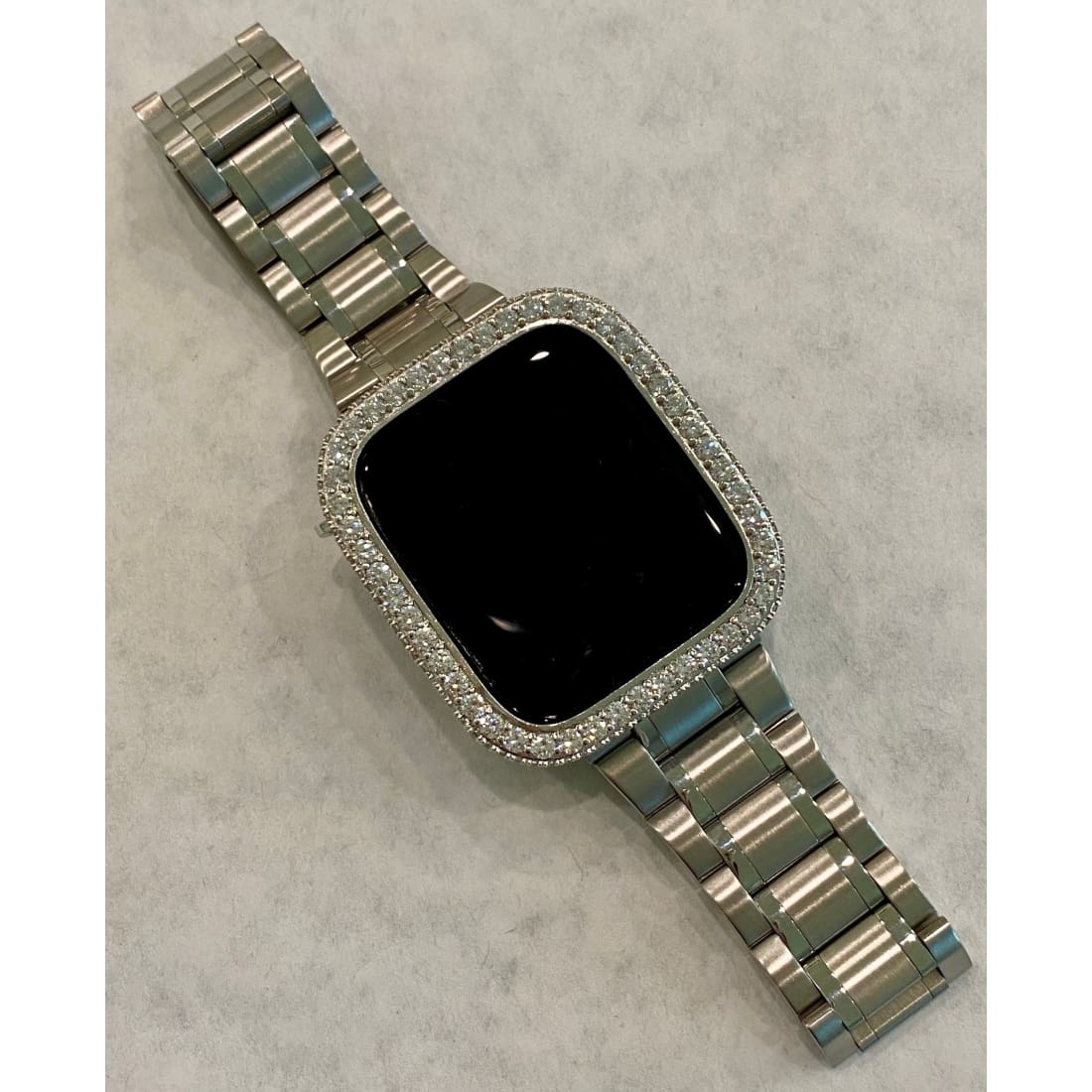 Series 1-8 Apple Watch Band 41mm 45mm Silver Stainless Steel Ultra Thin & or Lab Diamond Bezel Cover Bling for Smartwatch