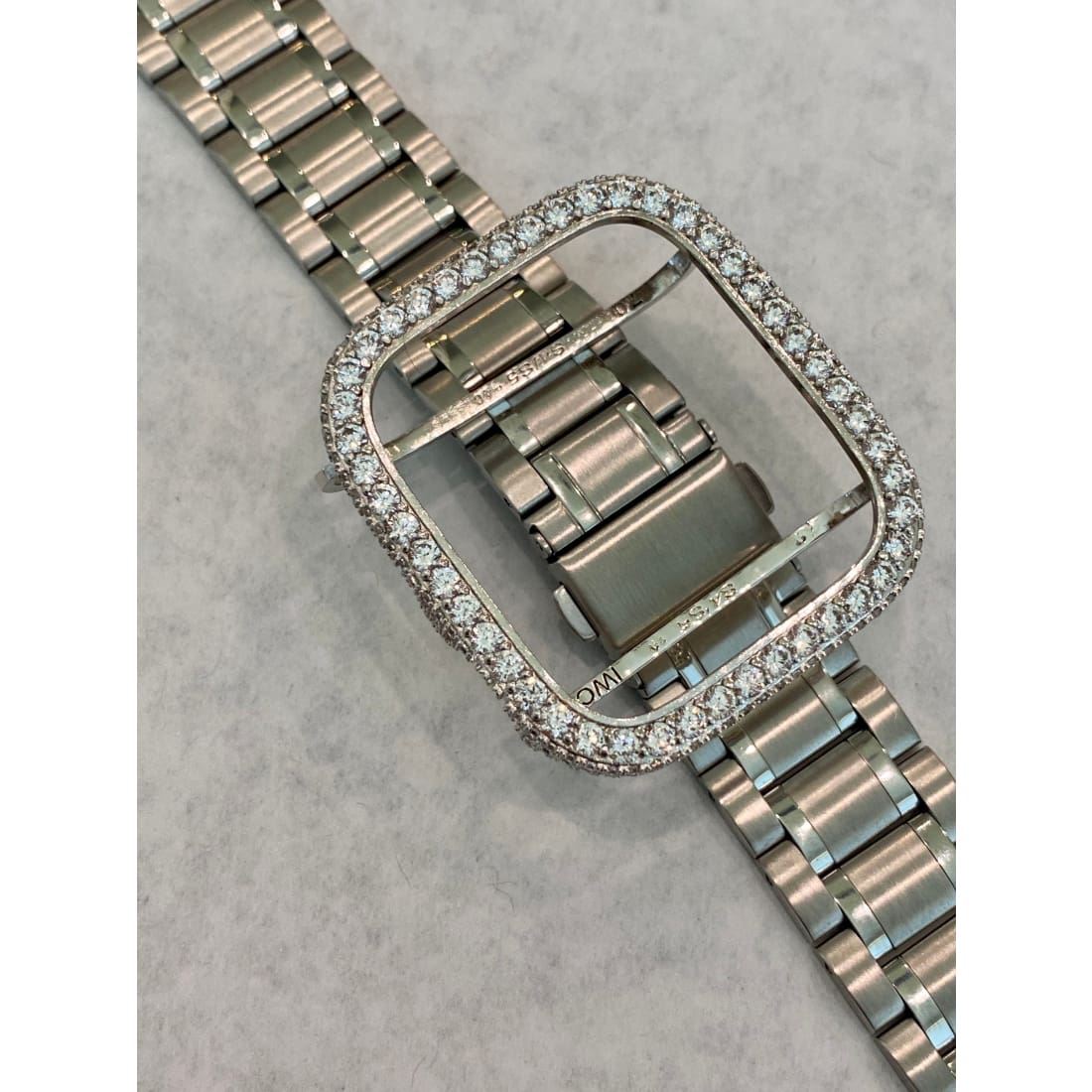 Series 1-8 Apple Watch Band 41mm 45mm Silver Stainless Steel Ultra Thin & or Lab Diamond Bezel Cover Bling for Smartwatch