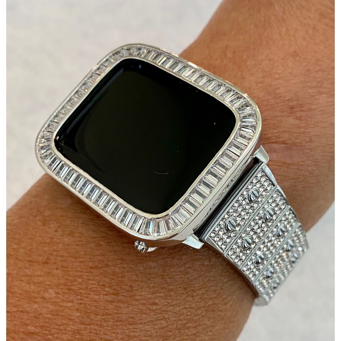 Series 1-8 Apple Watch Band White Gold 38 40 41 42 44 45mm Swarovski Crystals & or Baguette Lab Diamond Bezel Case Cover Bling