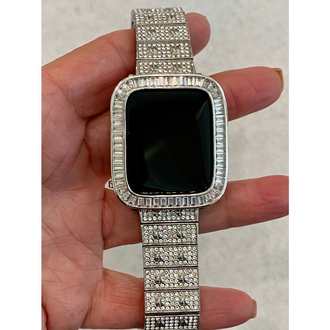 Series 1-8 Apple Watch Band White Gold 38 40 41 42 44 45mm Swarovski Crystals & or Baguette Lab Diamond Bezel Case Cover Bling