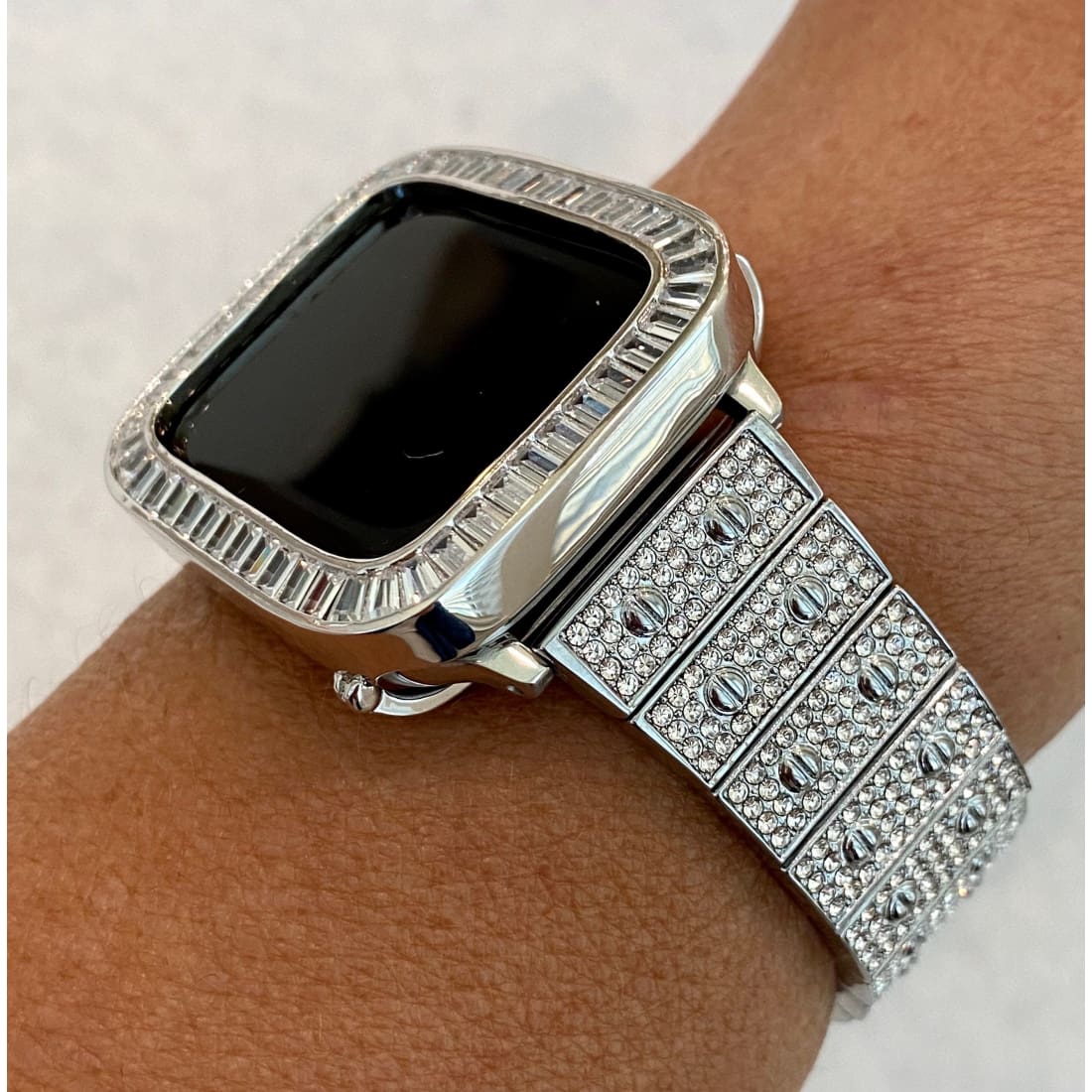Series 1-8 Apple Watch Band White Gold 38 40 41 42 44 45mm Swarovski Crystals & or Baguette Lab Diamond Bezel Case Cover Bling