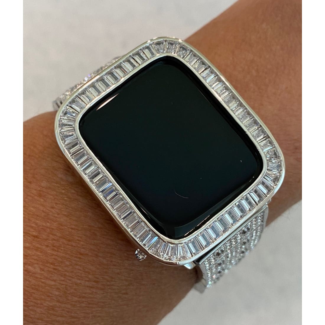 Series 1-8 Apple Watch Band White Gold 38 40 41 42 44 45mm Swarovski Crystals & or Baguette Lab Diamond Bezel Case Cover Bling