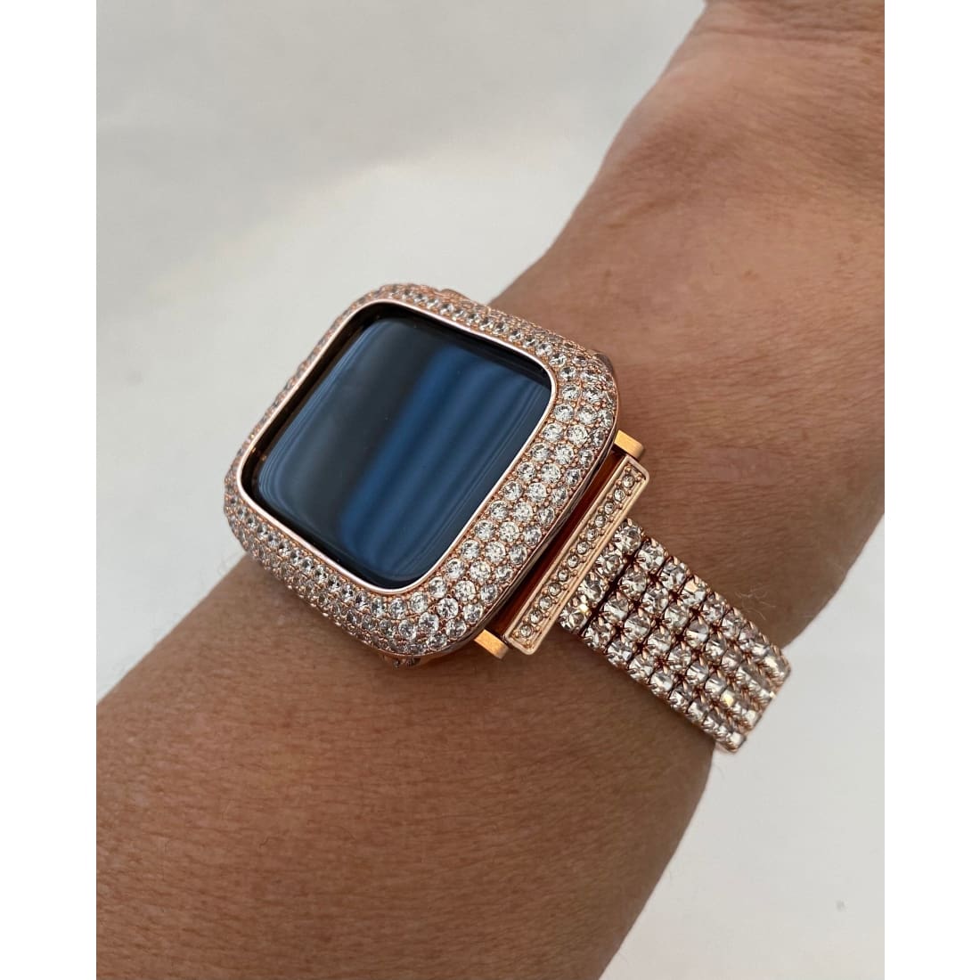 Series 7-8 Apple Watch Band Rose Gold 41mm 45mm Swarovski Crystals & or Lab Diamond Bezel Cover Smartwatch Bumper 38 40 42 44mm