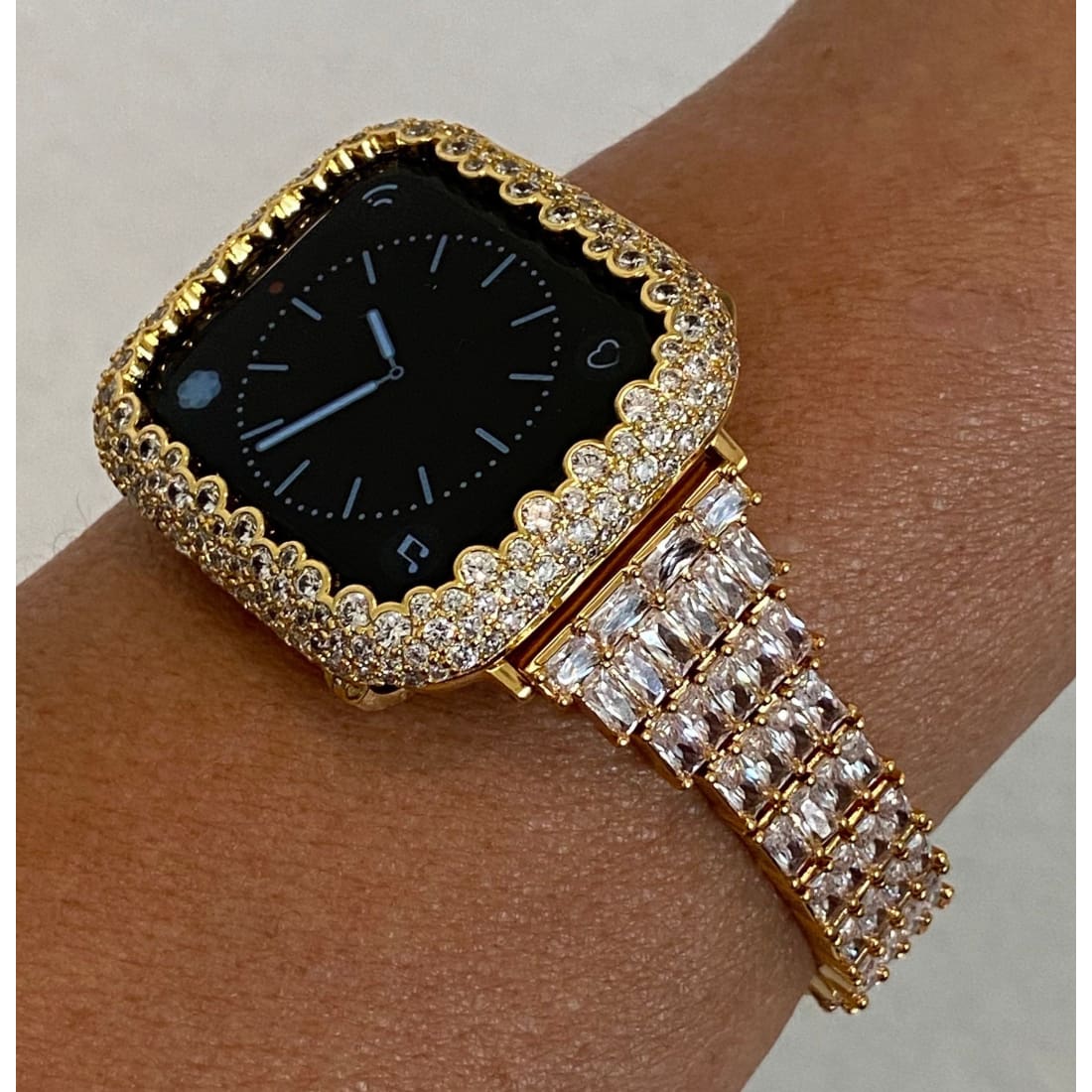 Series 8 41mm 45mm Apple Watch Band Women's & or Gold Pave Bezel Cover Lab Diamonds Smartwatch Bumper Bling