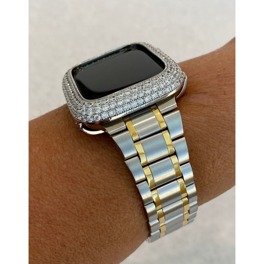 Two Tone Apple Watch Band 38mm 40mm 41mm 42mm 44mm 45mm Stainless Steel Ultra Thin & or Lab Diamond Bezel Cover Bling