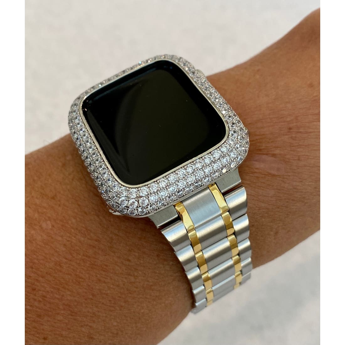 Two Tone Apple Watch Band 38mm 40mm 41mm 42mm 44mm 45mm Stainless Steel Ultra Thin & or Lab Diamond Bezel Cover Bling
