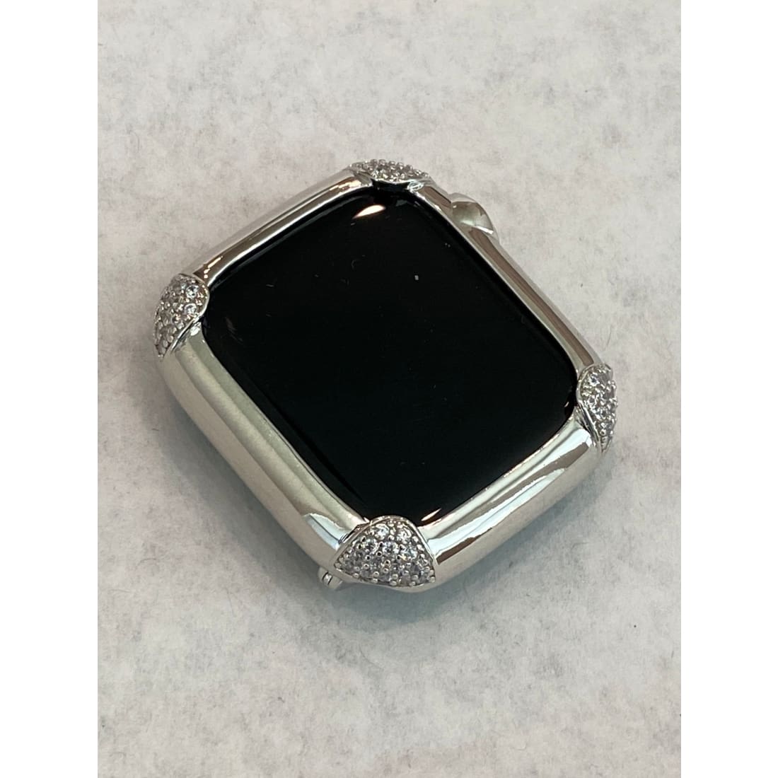 White Gold Apple Watch Bezel Cover 44mm Womens, Silver Lab Diamond Bumper Case, Gift for Her Custom Handmade Final Sale