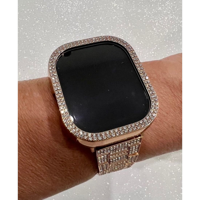 49mm Ultra Apple Watch Band Rose Gold Pave Swarovski Crystal Band 41mm 45mm & or Swarovski Crystal Bezel Cover Smartwatch Case Bling - 49