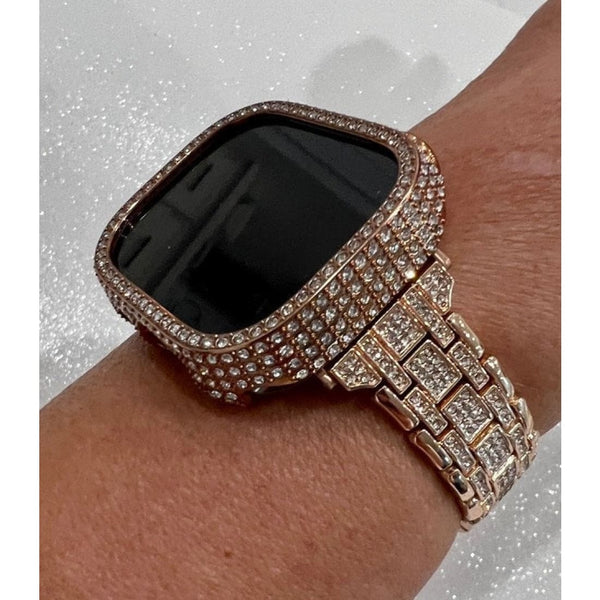 49mm Ultra Apple Watch Band Women Rose Gold Swarovski Crystals & or Apple Watch Bezel Cover Smartwatch Bumper Case Bling Series 8 - 45mm