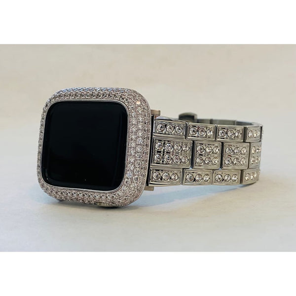 Apple Watch Band 41mm 45mm 49mm Ultra Silver Swarovski Crystals & or Apple Watch Cover Lab Diamond Bezel Smartwatch Bumper 38mm-44mm - 41mm