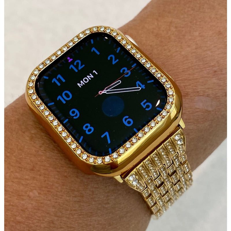 Apple Watch Band 41mm 45mm 49mm Ultra Yellow Gold Swarovski Crystals & or Crystal Apple Watch Case Cover Bezel Smartwatch Bling - 41mm apple