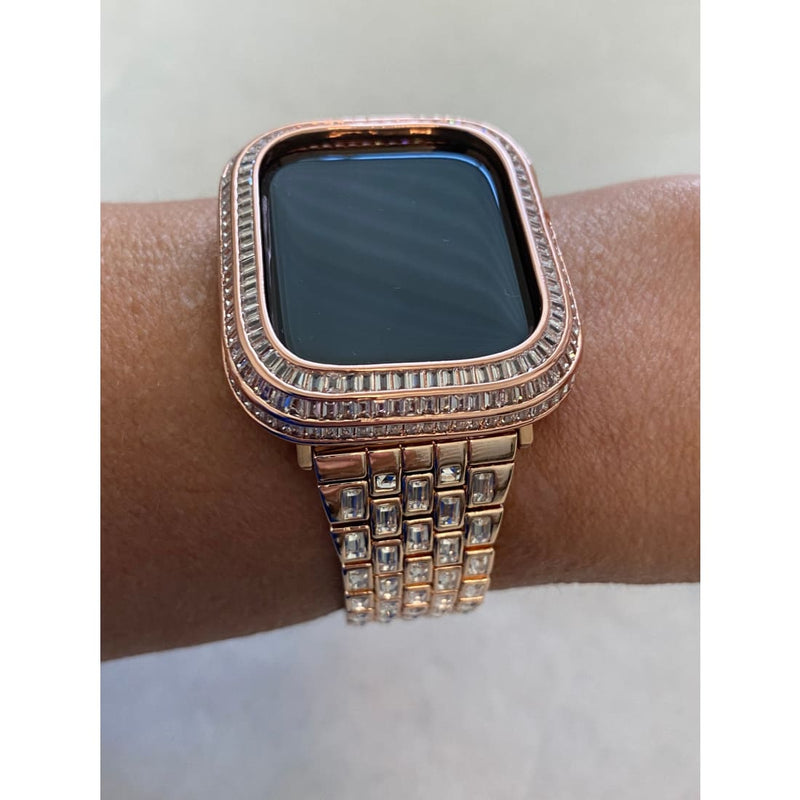 Apple Watch Band 41mm Rose Gold Swarovski Crystal Baguettes 40mm-45mm & or Apple Watch Cover Lab Diamond Bezel Smartwatch Case Iwatch Candy