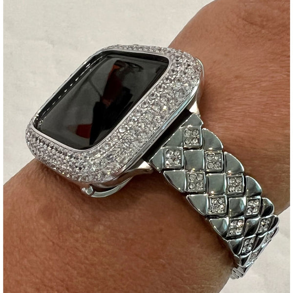 Apple Watch Band Bracelet Silver Swarovski Crystals & or Apple Watch Cover Lab Diamond Bezel Case Smartwatch Bumper 38mm-49mm Ultra - apple