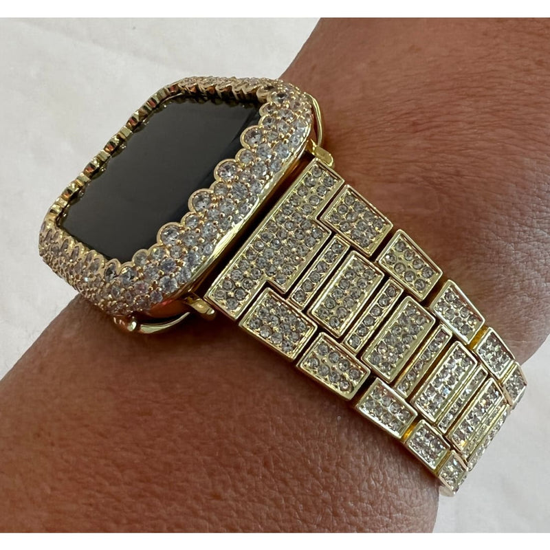 Apple Watch Band Gold Pave Swarovski Crystals & or Lab Diamond Bezel Cover Smartwatch Case Bling Series 1-7 SE 38-44mm - apple watch, apple