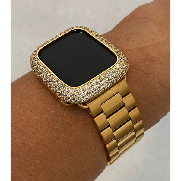 Apple Watch Band Mens Gold Rolex Style & or Apple Watch Cover Lab Diamond Bezel Case Smartwatch Bumper 38mm-49mm Ultra Series 1-8 SE - 40mm