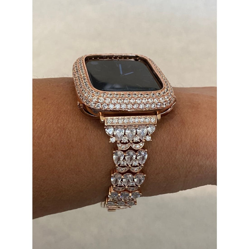 Apple Watch Band Rose Gold Swarovski Crystals & or Apple Watch Cover Lab Diamond Bezel Case Smartwatch Bumper Case 38-49mm Ultra - apple