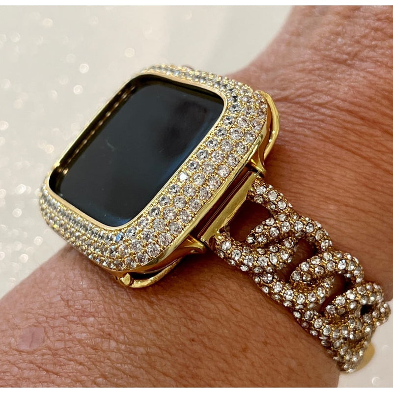 Apple Watch Band Swarovski Crystals Gold Chain Link Style & or Apple Watch Cover Smartwatch Bumper Iwatch Candy Bling 38mm-49mm Ultra S1-8 -