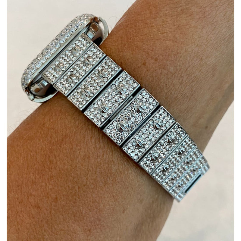Apple Watch Band White Gold 38mm 40mm 41mm 42mm 44mm 45mm 49mm Ultra Swarovski Crystals & or Silver Lab Diamond Bezel Case Cover Bling -