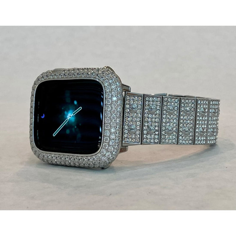 Apple Watch Band White Gold 38mm 40mm 41mm 42mm 44mm 45mm 49mm Ultra Swarovski Crystals & or Silver Lab Diamond Bezel Case Cover Bling -