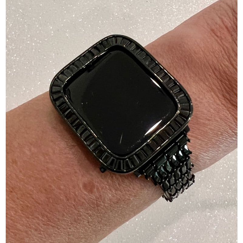 Apple Watch Band Women Designer Black Swarovski Crystals 38mm-45mm & or Apple Watch Cover Black Lab Diamond Bezel Iwatch Candy Case Bling -