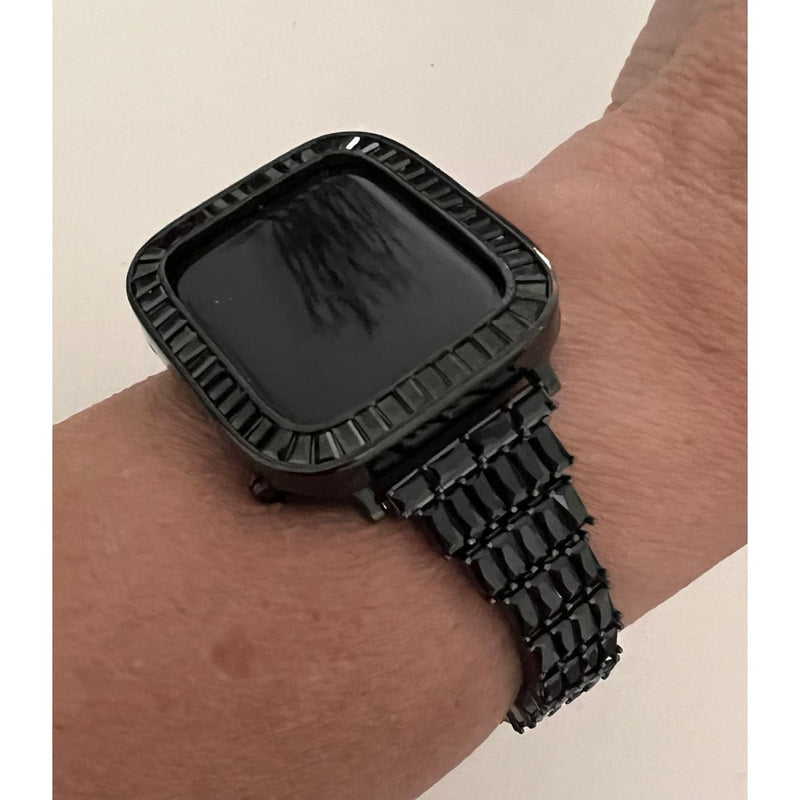 Apple Watch Band Women Designer Black Swarovski Crystals 38mm-45mm & or Apple Watch Cover Black Lab Diamond Bezel Iwatch Candy Case Bling -