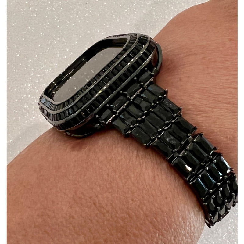 Apple Watch Band Women Designer Swarovski Crystal Baguette Black 40mm 41mm 44mm 45mm & or Apple Watch Cover Lab Diamond Bezel Iwatch Candy -