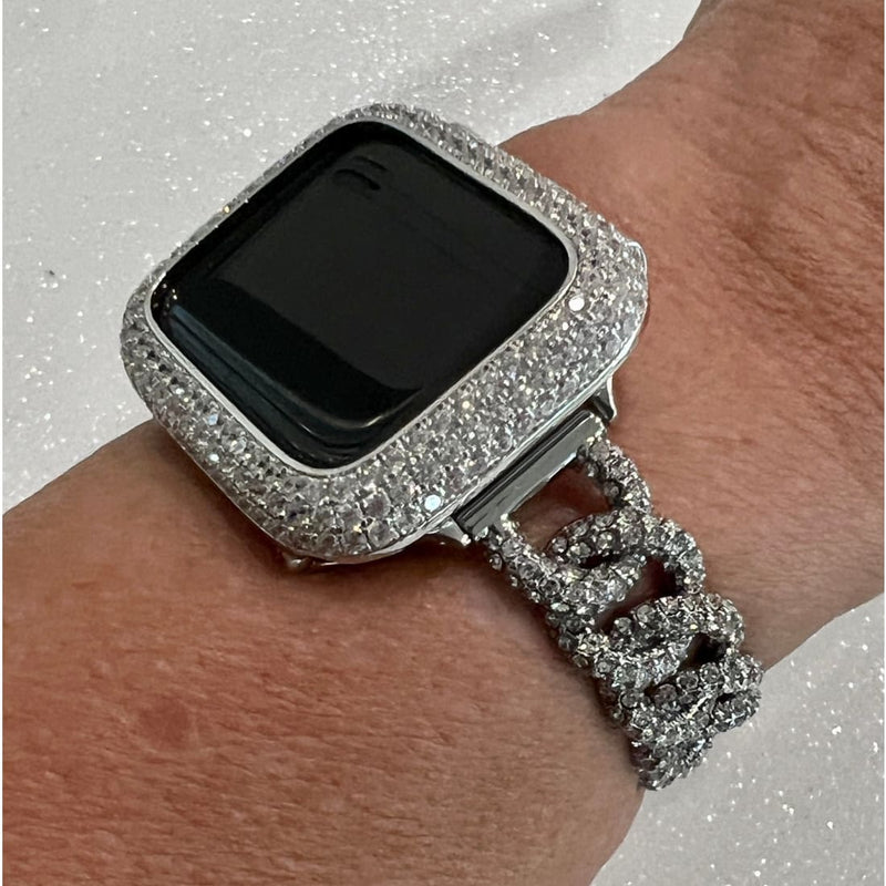 Apple Watch Band Women Designer Swarovski Crystal Silver Chain Style & or Apple Watch Cover Iwatch Bumper Iwatch Candy Bling 38mm-49mm Ultra