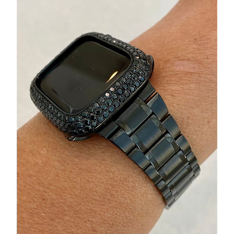 Black Apple Watch Band 38mm-49mm Stainless Steel Ultra Thin & or Lab Diamond Bezel Cover Smartwatch Bumper Bling Series 1-8 SE - 44mm apple