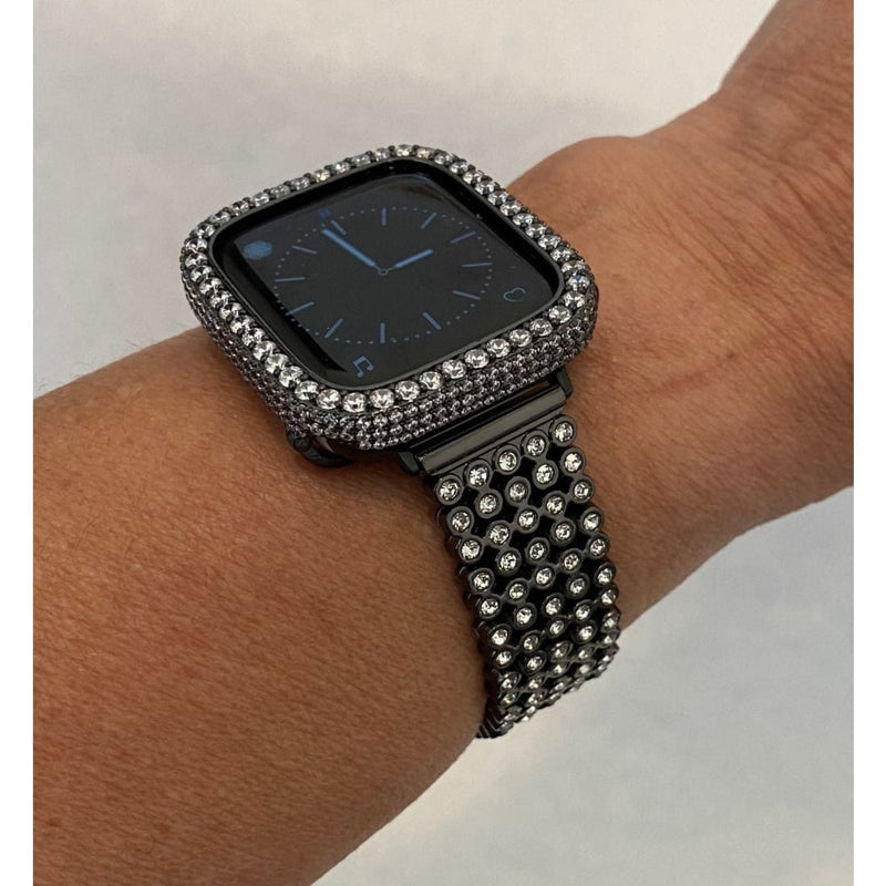 Black Apple Watch Band 41mm 45mm & or Lab Diamond Bezel Cover Iwatch Bling 38mm 42mm 44mm 40mm Series 1-8 SE - apple watch, apple watch