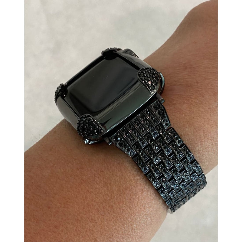 Black on Black Apple Watch Band & or Matching Lab Diamond Bezel Cover 40mm 44mm Custom Handmade - apple watch, apple watch 6, apple watch