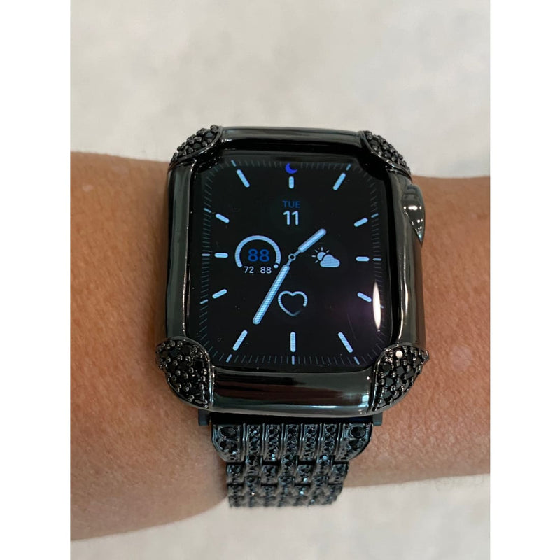 Black on Black Apple Watch Band & or Matching Lab Diamond Bezel Cover 40mm 44mm Custom Handmade - apple watch, apple watch 6, apple watch