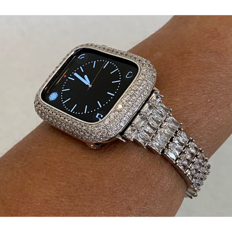 Bling Apple Watch Band Women Silver 41mm 45mm 49mm Ultra Series 7-8 Swarovski Crystal & or Lab Diamond Bezel Cover for Smartwatch - apple