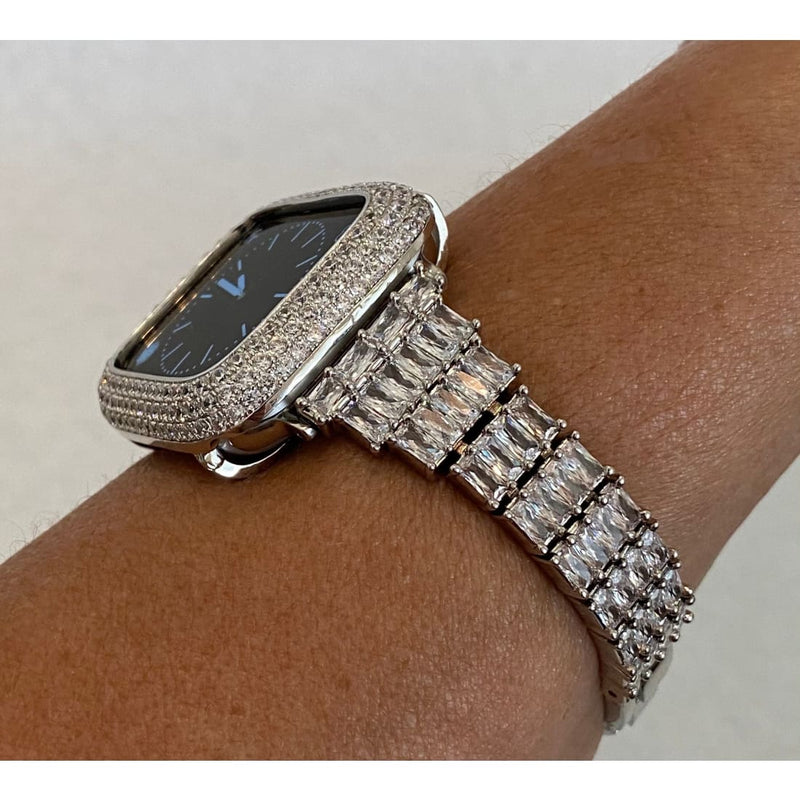 Bling Apple Watch Band Women Silver 41mm 45mm 49mm Ultra Series 7-8 Swarovski Crystal & or Lab Diamond Bezel Cover for Smartwatch - apple