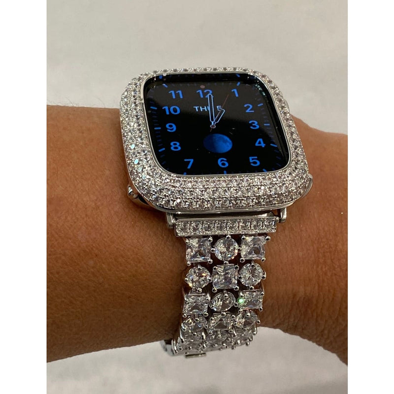 Custom Apple Watch Band 44mm Woman Silver and or Apple Watch Cover Lab Diamond Bezel Bling 38mm-49mm Ultra New Series 7,8 - 41mm apple