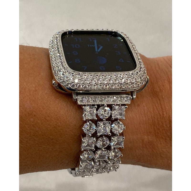 Custom Apple Watch Band 44mm Woman Silver and or Apple Watch Cover Lab Diamond Bezel Bling 38mm-49mm Ultra New Series 7,8 - 41mm apple