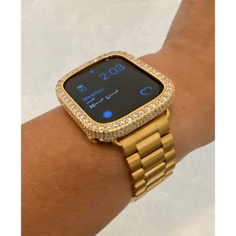 Custom Apple Watch Band Gold Rolex Style 38mm 40mm 41mm 42mm 44mm 45mm 49mm Ultra & or Iced Out Lab Diamond Bezel Cover Iwatch Gift for Him