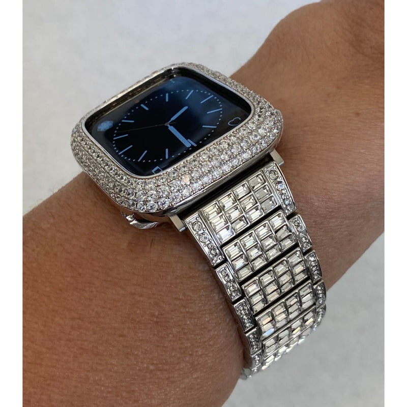 Custom Apple Watch Band Silver Bling And or Bezel Lab Diamond Series 1,2,3,4,5,6,7,8 SE Custom Deluxe Iwatch 38mm-49mm Ultra - Apple Watch,